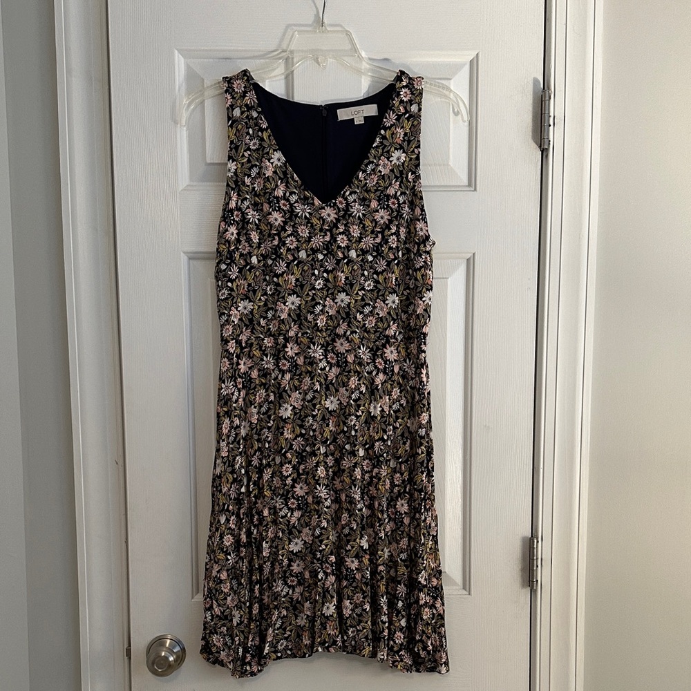 LOFT Black Floral V-Neck Midi Dress with Pink & Cream Flowers